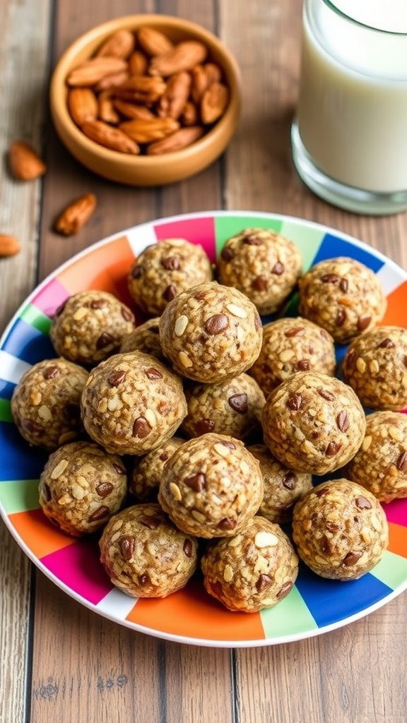 A plate of nutritious quinoa energy balls with nuts and chocolate chips, surrounded by a glass of almond milk.